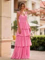 Fashion A-line Straps Cascading Ruffles Floor-Length Chiffon Bridesmaid Dress