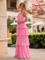 Fashion A-line Straps Cascading Ruffles Floor-Length Chiffon Bridesmaid Dress