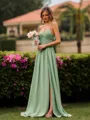 Glam A-line V-Neck Pleated Floor-Length Chiffon Bridesmaid Dress