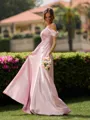 Delicate A-line Cold Shoulder Pleated Floor-Length Silk like Satin Bridesmaid Dress