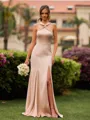 Glamorous Sheath Halter Pleated Floor-Length Charmeuse Bridesmaid Dress