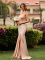 Glamorous Sheath Halter Pleated Floor-Length Charmeuse Bridesmaid Dress