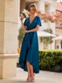Grand A-line V-Neck Short Sleeves Pleated Asymmetrical Satin Chiffon Convertible Bridesmaid Dress