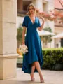 Grand A-line V-Neck Short Sleeves Pleated Asymmetrical Satin Chiffon Convertible Bridesmaid Dress