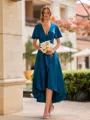 Grand A-line V-Neck Short Sleeves Pleated Asymmetrical Satin Chiffon Convertible Bridesmaid Dress