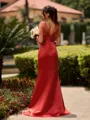 Show-stopping Sheath V-Neck Short Sleeves Sweep Train Satin Bridesmaid Dress
