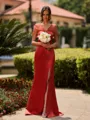 Show-stopping Sheath V-Neck Short Sleeves Sweep Train Satin Bridesmaid Dress