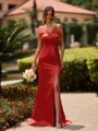 Show-stopping Sheath V-Neck Short Sleeves Sweep Train Satin Bridesmaid Dress
