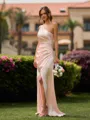 Striking Sheath One-Shoulder Pleated Floor-Length Silk Like Satin Bridesmaid Dress
