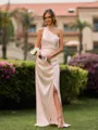 Striking Sheath One-Shoulder Pleated Floor-Length Silk Like Satin Bridesmaid Dress