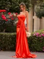 Splendiferous Sheath One-Shoulder Pleated Sweep Train Silk like Satin Bridesmaid Dress