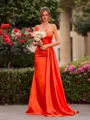 Splendiferous Sheath One-Shoulder Pleated Sweep Train Silk like Satin Bridesmaid Dress