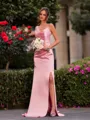 Hermosos Sheath Straps Pleated Floor-Length Silk Like Satin Bridesmaid Dress