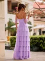 Perfect A-line Off-the-Shoulder Cascading Ruffles Floor-Length Tulle Corset Bridesmaid Dress
