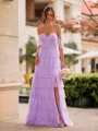 Perfect A-line Off-the-Shoulder Cascading Ruffles Floor-Length Tulle Corset Bridesmaid Dress