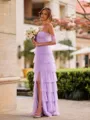 Perfect A-line Off-the-Shoulder Cascading Ruffles Floor-Length Tulle Corset Bridesmaid Dress