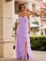 Perfect A-line Off-the-Shoulder Cascading Ruffles Floor-Length Tulle Corset Bridesmaid Dress