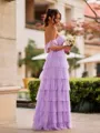 Perfect A-line Off-the-Shoulder Cascading Ruffles Floor-Length Tulle Corset Bridesmaid Dress