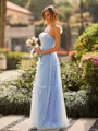 Fashion A-line Spaghetti Straps Bow Floor-Length Tulle Corset Bridesmaid Dress