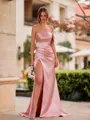 Pretty Sheath One-Shoulder Pleated Sweep Train Silk like Satin Bridesmaid Dress