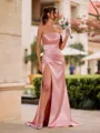 Pretty Sheath One-Shoulder Pleated Sweep Train Silk like Satin Bridesmaid Dress