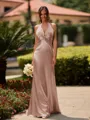 Delicate Sheath V-Neck Pleated Floor-Length Silk Like Satin Bridesmaid Dress