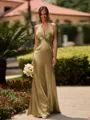 Delicate Sheath V-Neck Pleated Floor-Length Silk Like Satin Bridesmaid Dress