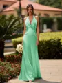 Delicate Sheath V-Neck Pleated Floor-Length Silk Like Satin Bridesmaid Dress