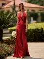 Delicate Sheath V-Neck Pleated Floor-Length Silk Like Satin Bridesmaid Dress