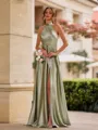 Glamorous A-line Halter Bow Floor-Length Silk Like Satin Bridesmaid Dress