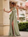 Glamorous A-line Halter Bow Floor-Length Silk Like Satin Bridesmaid Dress