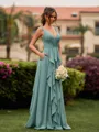 Stunning A-line V-Neck Ruffles Floor-Length Chiffon Bridesmaid Dress