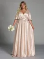 Glamorous A-line V-Neck Short Sleeves Sash/Ribbon/Belt Floor-Length Silk Like Satin Corset Plus Size Bridesmaid Dress