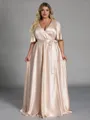 Glamorous A-line V-Neck Short Sleeves Sash/Ribbon/Belt Floor-Length Silk Like Satin Corset Plus Size Bridesmaid Dress