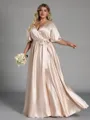 Glamorous A-line V-Neck Short Sleeves Sash/Ribbon/Belt Floor-Length Silk Like Satin Corset Plus Size Bridesmaid Dress