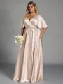 Glamorous A-line V-Neck Short Sleeves Sash/Ribbon/Belt Floor-Length Silk Like Satin Corset Plus Size Bridesmaid Dress
