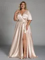 Glamorous A-line V-Neck Short Sleeves Sash/Ribbon/Belt Floor-Length Silk Like Satin Corset Plus Size Bridesmaid Dress