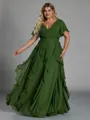 Delicate A-line V-Neck Short Sleeves Ruffles Floor-Length Chiffon Corset Plus Size Bridesmaid Dress