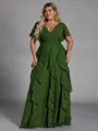 Delicate A-line V-Neck Short Sleeves Ruffles Floor-Length Chiffon Corset Plus Size Bridesmaid Dress