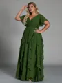 Delicate A-line V-Neck Short Sleeves Ruffles Floor-Length Chiffon Corset Plus Size Bridesmaid Dress