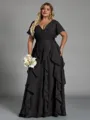 Delicate A-line V-Neck Short Sleeves Ruffles Floor-Length Chiffon Corset Plus Size Bridesmaid Dress