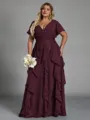 Delicate A-line V-Neck Short Sleeves Ruffles Floor-Length Chiffon Corset Plus Size Bridesmaid Dress