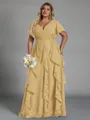 Delicate A-line V-Neck Short Sleeves Ruffles Floor-Length Chiffon Corset Plus Size Bridesmaid Dress