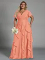 Delicate A-line V-Neck Short Sleeves Ruffles Floor-Length Chiffon Corset Plus Size Bridesmaid Dress