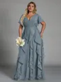 Delicate A-line V-Neck Short Sleeves Ruffles Floor-Length Chiffon Corset Plus Size Bridesmaid Dress