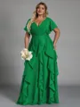 Delicate A-line V-Neck Short Sleeves Ruffles Floor-Length Chiffon Corset Plus Size Bridesmaid Dress