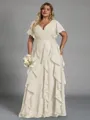 Delicate A-line V-Neck Short Sleeves Ruffles Floor-Length Chiffon Corset Plus Size Bridesmaid Dress