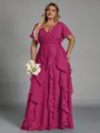 Delicate A-line V-Neck Short Sleeves Ruffles Floor-Length Chiffon Corset Plus Size Bridesmaid Dress