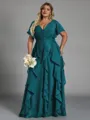 Delicate A-line V-Neck Short Sleeves Ruffles Floor-Length Chiffon Corset Plus Size Bridesmaid Dress