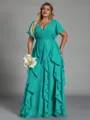 Delicate A-line V-Neck Short Sleeves Ruffles Floor-Length Chiffon Corset Plus Size Bridesmaid Dress